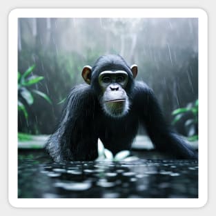 Chimpanzee in a Jungle lake in the rain Sticker